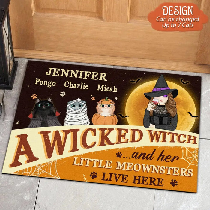 Custom Personalized Halloween Witch Cat Doormat - Gift Idea For Family/ Pet Lover - Upto 7 Cats - A Wicked Witch And Her Little Meownsters Live Here