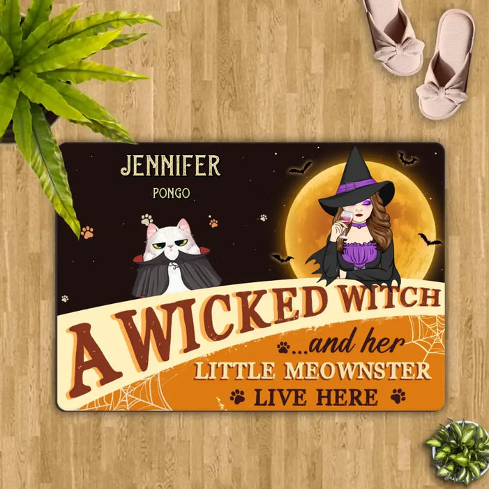 Custom Personalized Halloween Witch Cat Doormat - Gift Idea For Family/ Pet Lover - Upto 7 Cats - A Wicked Witch And Her Little Meownsters Live Here