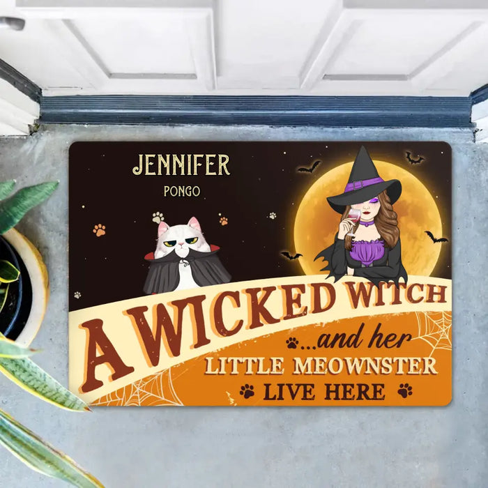 Custom Personalized Halloween Witch Cat Doormat - Gift Idea For Family/ Pet Lover - Upto 7 Cats - A Wicked Witch And Her Little Meownsters Live Here