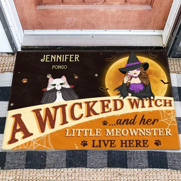 Custom Personalized Halloween Witch Cat Doormat - Gift Idea For Family/ Pet Lover - Upto 7 Cats - A Wicked Witch And Her Little Meownsters Live Here