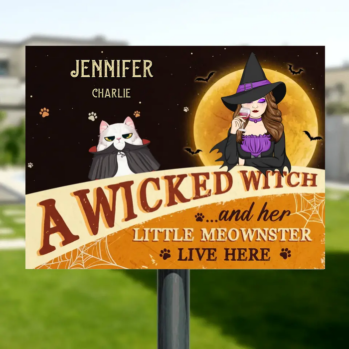 Custom Personalized Halloween Witch Cat Metal Sign - Gift Idea For Family/ Pet Lover - Upto 7 Cats - A Wicked Witch And Her Little Meownsters Live Here