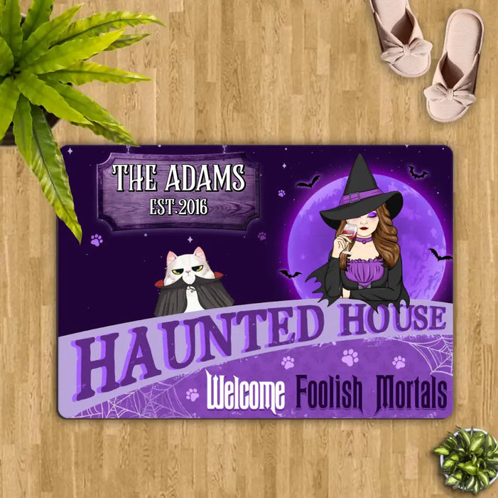 Custom Personalized Witch Cat Doormat - Halloween Gift Idea For Family/ Pet Lover - Upto 7 Cats - Haunted House Welcome Foolish Mortals