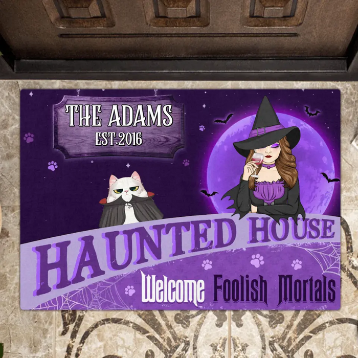 Custom Personalized Witch Cat Doormat - Halloween Gift Idea For Family/ Pet Lover - Upto 7 Cats - Haunted House Welcome Foolish Mortals