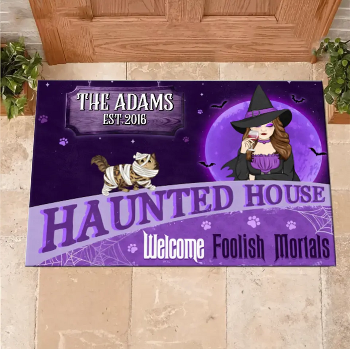 Custom Personalized Witch Cat Doormat - Halloween Gift Idea For Family/ Cat Lover - Upto 6 Cats - Haunted House Welcome Foolish Mortals