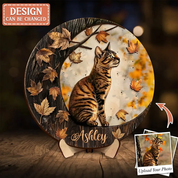 Custom Personalized Cat Moon 2 Layered Wooden Art - Upload Photo - Gift Idea For Cat Lover