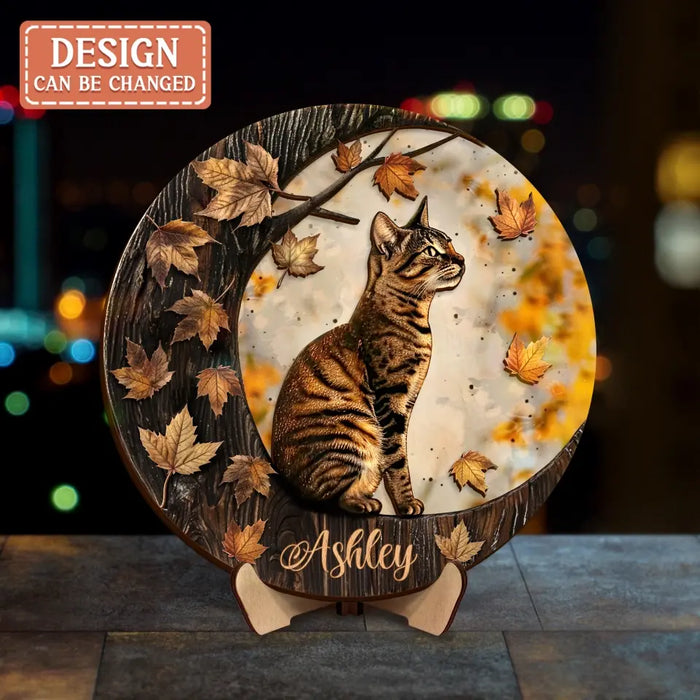 Custom Personalized Cat Moon 2 Layered Wooden Art - Gift Idea For Cat Lover