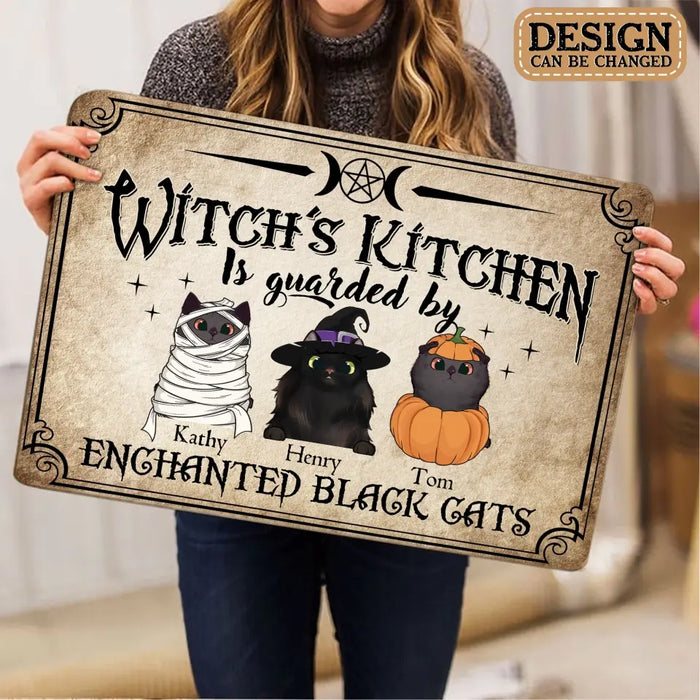 Custom Personalized Cat Doormat - Halloween Gift Idea For Cat Lover - Upto 7 Cats - Witch's Kitchen Is Guarded By Enchanted Black Cats