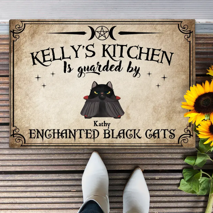 Custom Personalized Cat Doormat - Halloween Gift Idea For Cat Lover - Upto 7 Cats - Witch's Kitchen Is Guarded By Enchanted Black Cats