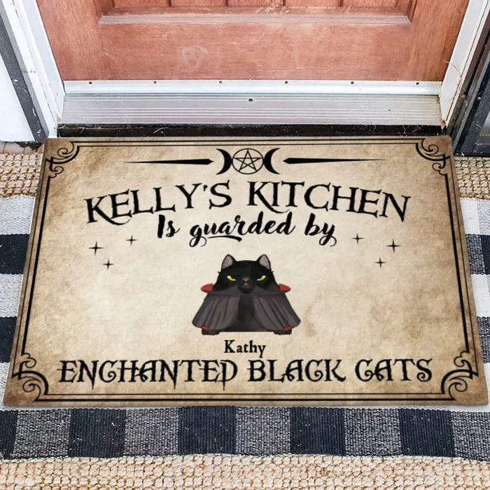 Custom Personalized Cat Doormat - Halloween Gift Idea For Cat Lover - Upto 7 Cats - Witch's Kitchen Is Guarded By Enchanted Black Cats