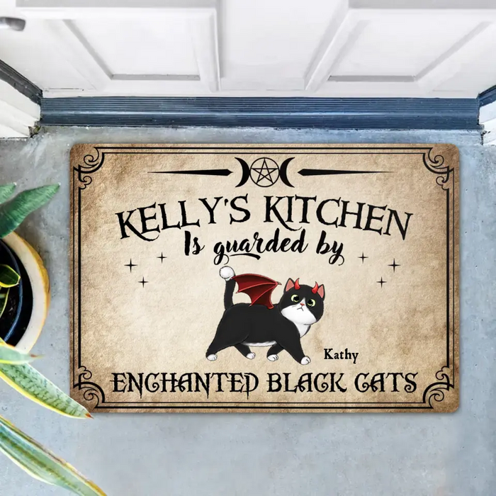 Custom Personalized Cat Doormat - Halloween Gift Idea For Cat Lover - Upto 6 Cats - Witch's Kitchen Is Guarded By Enchanted Black Cats