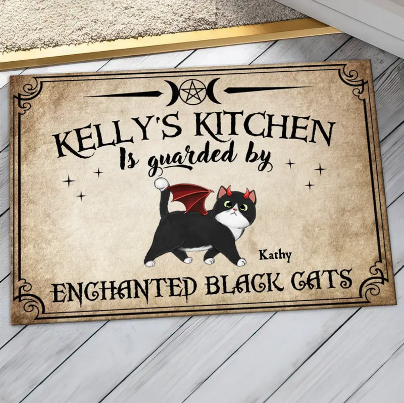 Personalized Cat Doormat - Halloween Gift Idea For Cat Lover - Up to 6 Cats - Witch's Kitchen Is Guarded By Enchanted Black Cats