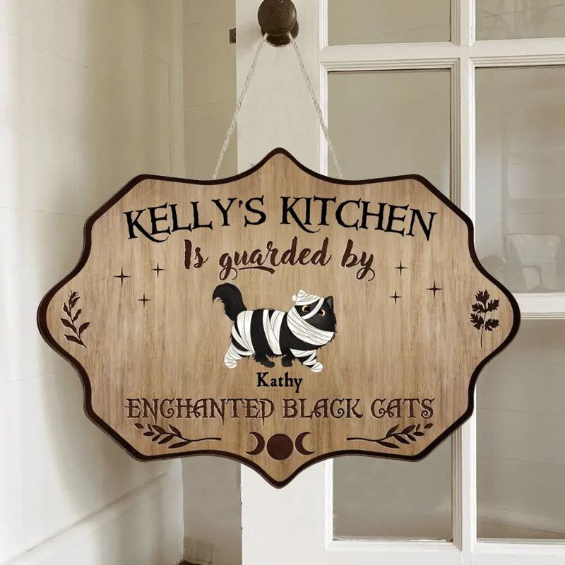 Personalized Cat Wooden Sign - Halloween Gift Idea For Cat Lover - Up to 6 Cats - Witch's Kitchen Is Guarded By Enchanted Black Cats