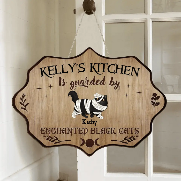 Custom Personalized Cat Wooden Sign - Halloween Gift Idea For Cat Lover - Upto 6 Cats - Witch's Kitchen Is Guarded By Enchanted Black Cats