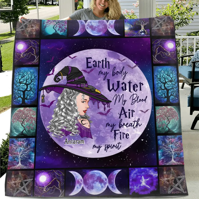 Custom Personalized Witch Quilt/Fleece Throw Blanket - Gift Idea For Witch Lover - Earth My Body Water My Blood Air My Breath Fire My Spirit