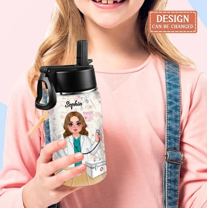 Personalized Doctor Kid Water Bottle With Straw Lid - Gift Idea For Your Kid/Back To School