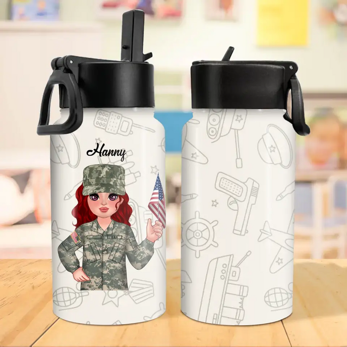 Custom Personalized Army Kid Water Bottle With Straw Lid - Gift Idea For Your Kid/ Back To School