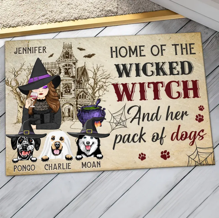 Custom Personalized Witch Dog Doormat - Gift Idea For Witch/ Halloween/ Dog Lovers with up to 3 Dogs - Home Of The Wicked Witch And Her Pack Of Dogs