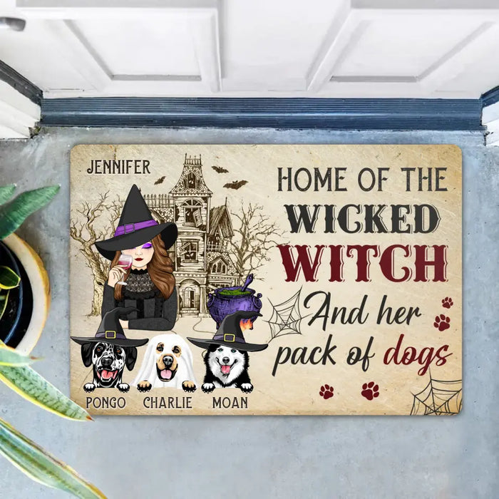 Custom Personalized Witch Dog Doormat - Gift Idea For Witch/ Halloween/ Dog Lovers with up to 3 Dogs - Home Of The Wicked Witch And Her Pack Of Dogs