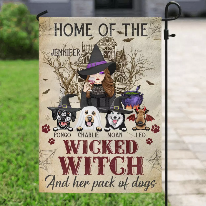 Custom Personalized Witch Dog Flag Sign - Home Of The Wicked Witch And Her Pack Of Dogs - Halloween Gift Idea For Family/ Witch/ Dog Lovers With Upto 4 Dogs