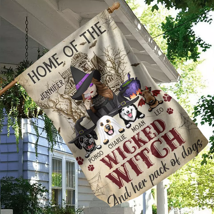 Custom Personalized Witch Dog Flag Sign - Home Of The Wicked Witch And Her Pack Of Dogs - Halloween Gift Idea For Family/ Witch/ Dog Lovers With Upto 4 Dogs