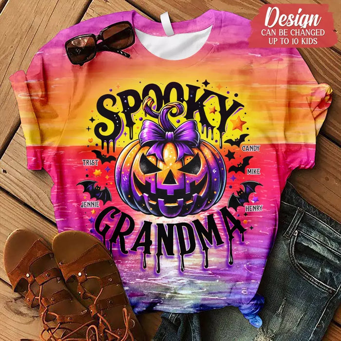 Custom Personalized Grandma Spooky Pumpkin AOP T-shirt - Halloween Gift Idea For Grandma/ Mother - Upto 10 Kids