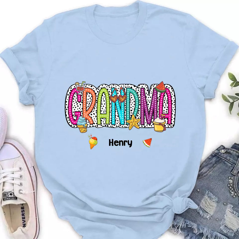 Personalized Grandma Summer Dalmatian Dots T-shirt - Summer  Gift Idea From Kids to Gigi/Grandma - Custom Names with up to 9 Kids