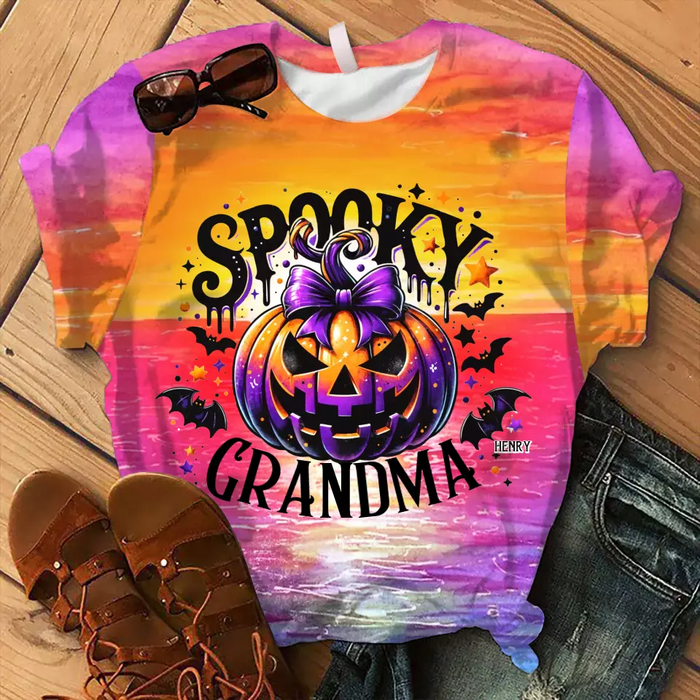 Custom Personalized Grandma Spooky Pumpkin AOP T-shirt - Halloween Gift Idea For Grandma/ Mother - Upto 10 Kids