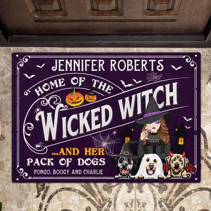 Custom Personalized Witch Dog Doormat - Gift Idea For Witch/ Halloween/ Dog Lovers With Up To 3 Dogs - Home Of The Wicked Witch And Her Pack Of Dogs