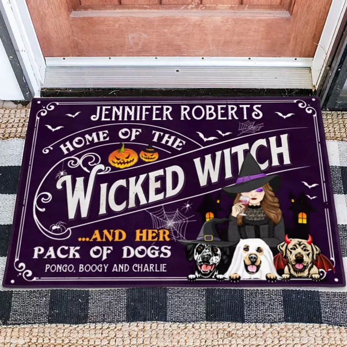 Custom Personalized Witch Dog Doormat - Gift Idea For Witch/ Halloween/ Dog Lovers With Up To 3 Dogs - Home Of The Wicked Witch And Her Pack Of Dogs