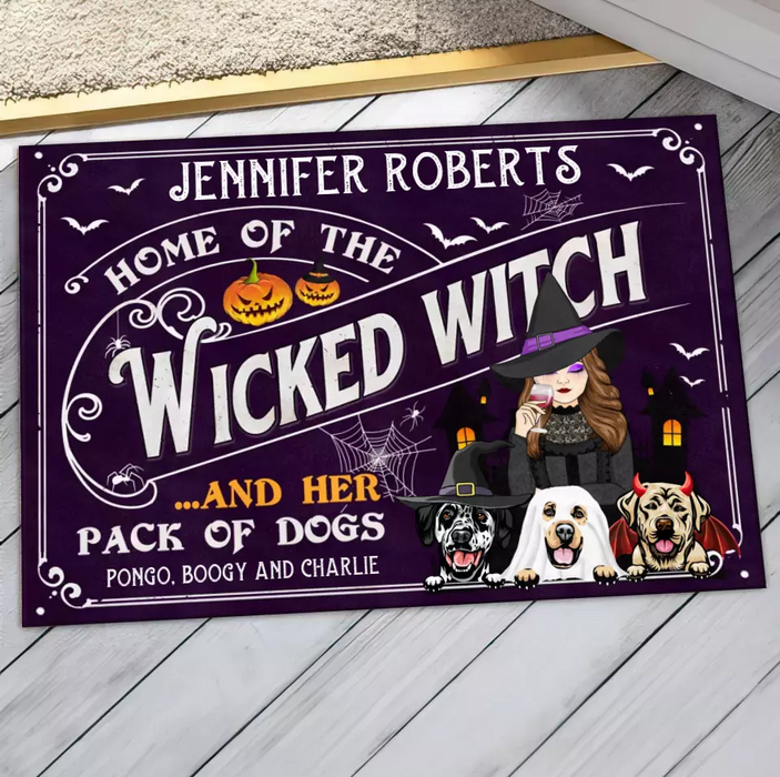 Custom Personalized Witch Dog Doormat - Gift Idea For Witch/ Halloween/ Dog Lovers With Up To 3 Dogs - Home Of The Wicked Witch And Her Pack Of Dogs