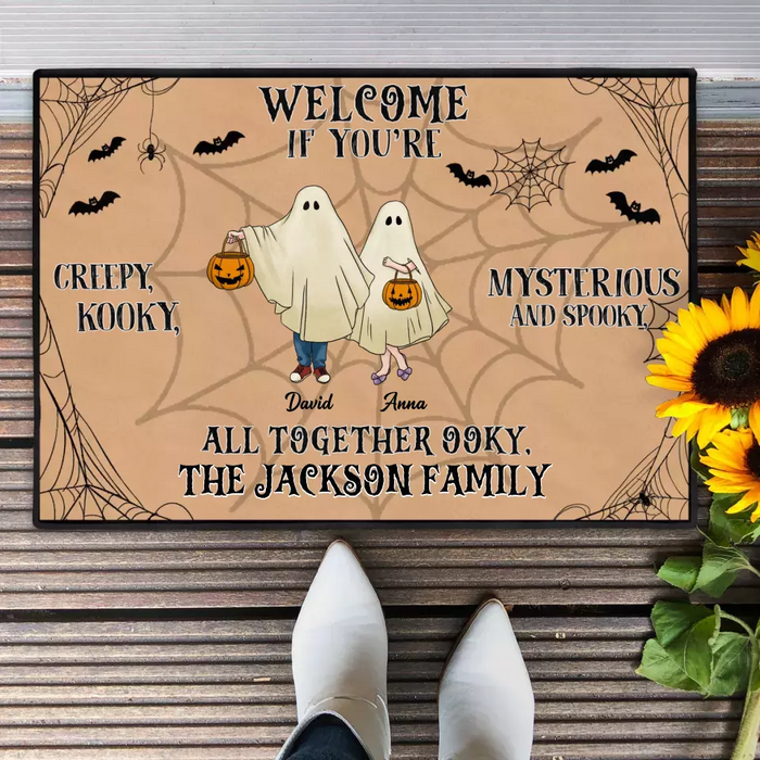 Custom Personalized Family Doormat - Halloween Gift Idea For Couple/ Family/ Pet Lover - Couple/ Parents With Up to 5 Kids And 3 Pets - Welcome If You're Creepy, Kooky