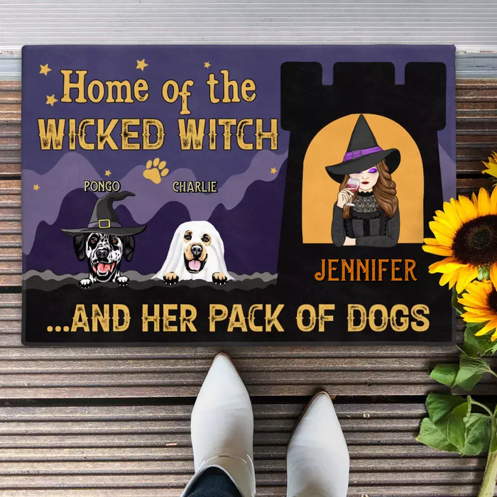 Custom Personalized Witch Dog Doormat - Halloween Gift Idea For Family/ Dog Lover - Upto 7 Dogs - Home Of The Wicked Witch And Her Pack Of Dogs