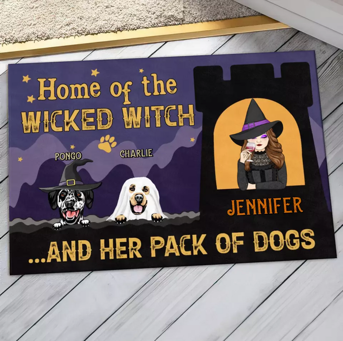 Custom Personalized Witch Dog Doormat - Halloween Gift Idea For Family/ Dog Lover - Upto 7 Dogs - Home Of The Wicked Witch And Her Pack Of Dogs