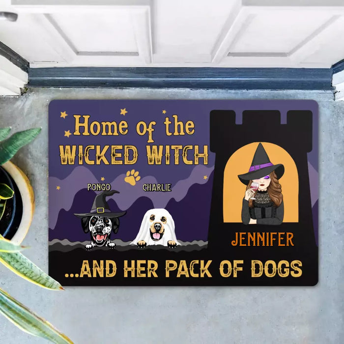 Custom Personalized Witch Dog Doormat - Halloween Gift Idea For Family/ Dog Lover - Upto 7 Dogs - Home Of The Wicked Witch And Her Pack Of Dogs