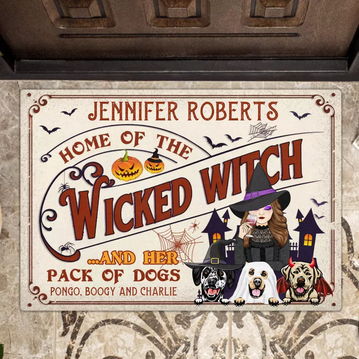 Custom Personalized Witch Dog Doormat - Halloween Gift Idea For Witch/ Dog Lovers With Up To 3 Dogs - Home Of The Wicked Witch And Her Pack Of Dogs