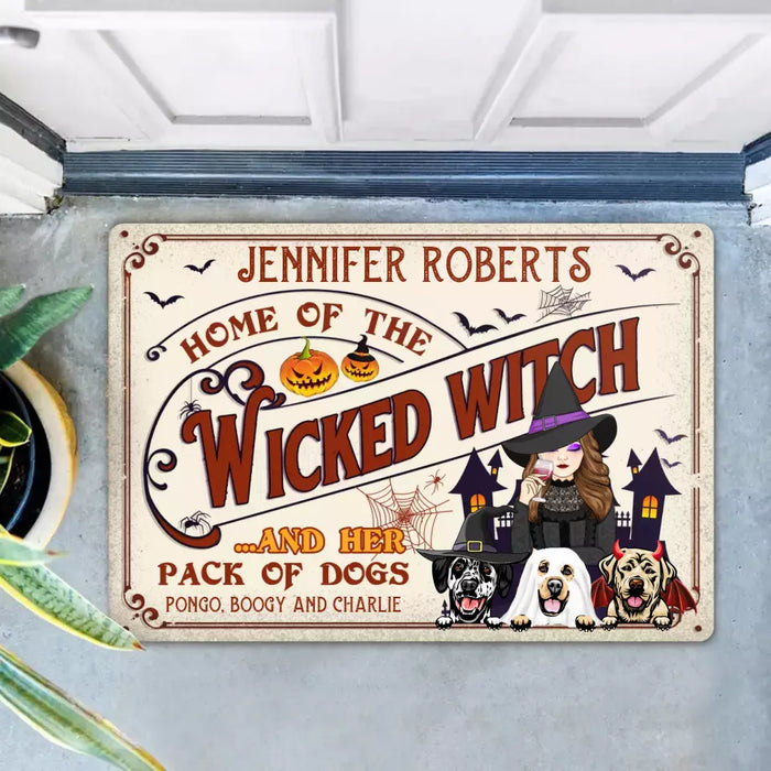 Custom Personalized Witch Dog Doormat - Halloween Gift Idea For Witch/ Dog Lovers With Up To 3 Dogs - Home Of The Wicked Witch And Her Pack Of Dogs