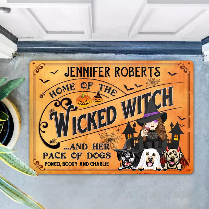 Custom Personalized Wicked Witch Dog Doormat - Halloween Gift Idea For Witch/ Dog Lovers With Up To 3 Dogs - Home Of The Wicked Witch And Her Pack Of Dogs