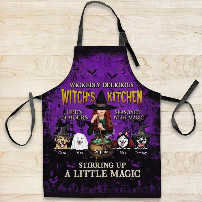 Custom Personalized Witch Dog Kitchen Fashion Home Pocketless Apron - Halloween Gift Idea For Dog Lover - Wickedly Delicious Witch's Kitchen