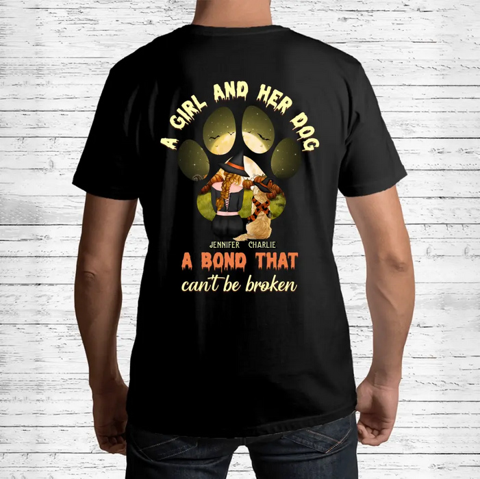 Custom Personalized Witch Dog T-shirt/ Hoodie - Woman With Upto 4 Dogs - Halloween Gift Idea For Dogs Lover - A Girl And Her Dog A Bond That Can't Be Broken