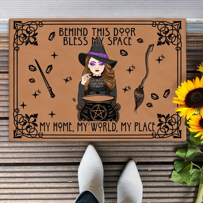 Custom Personalized Witch Doormat - Halloween Gift Idea For Witch - Behind This Door Bless My Space My Home, My World, My Place