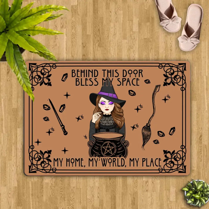 Custom Personalized Witch Doormat - Halloween Gift Idea For Witch - Behind This Door Bless My Space My Home, My World, My Place