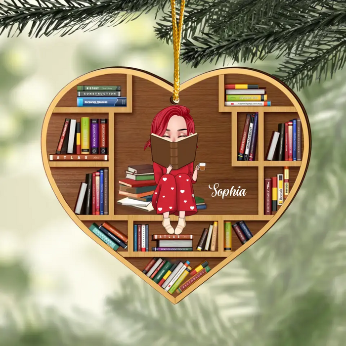 Custom Personalized Reading Girl Heart Shaped Wooden Ornament - Christmas Gift Idea For Book Lover