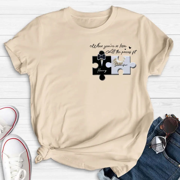 Custom Personalized Couple Puzzle Shirt/ Hoodie - Anniversary/ Wedding Gift Idea For Couple - When You're In Love All The Pieces Fit