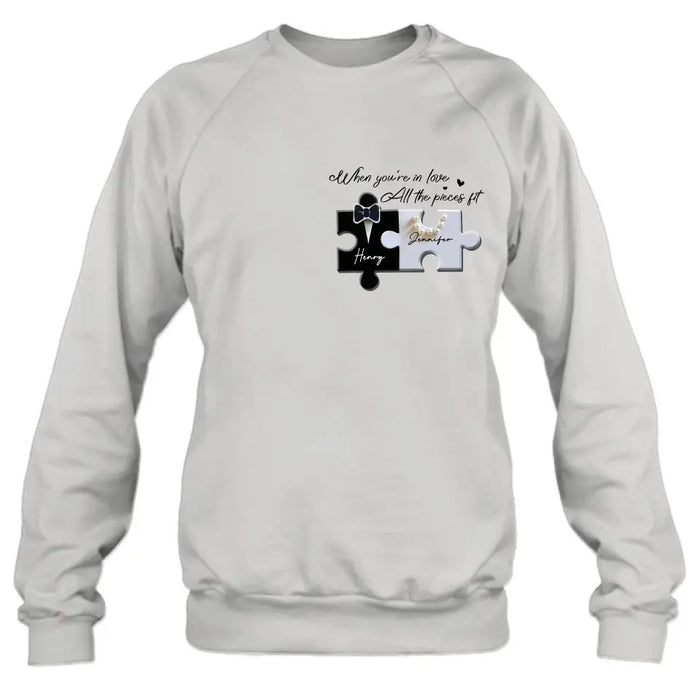 Custom Personalized Couple Puzzle Shirt/ Hoodie - Anniversary/ Wedding Gift Idea For Couple - When You're In Love All The Pieces Fit