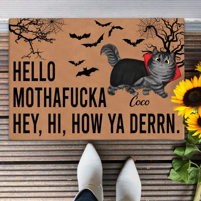 Custom Personalized Cat Doormat - Halloween Gift Idea For Cat Lover - Upto 5 Cats - Hello Mothafucka