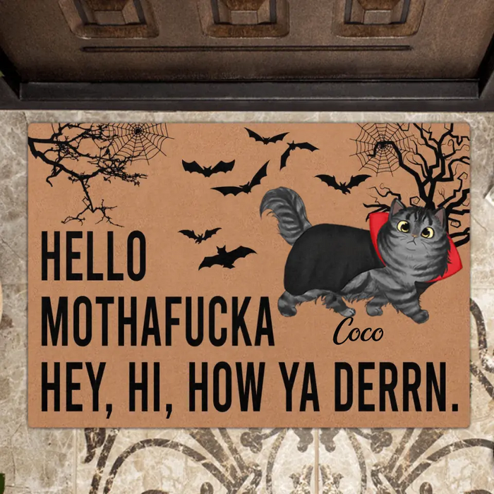 Custom Personalized Cat Doormat - Halloween Gift Idea For Cat Lover - Upto 5 Cats - Hello Mothafucka