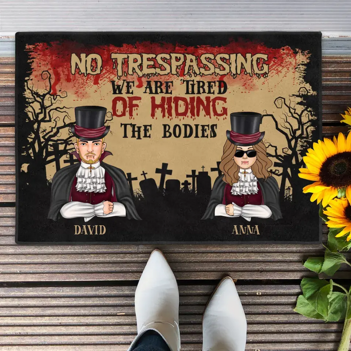 Custom Personalized Halloween Couple Doormat - Halloween Gift Idea For Couple/ Family With Upto 2 Kids - No Trespassing We Are Tired of Hiding the Bodies