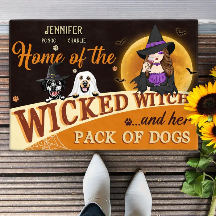 Custom Personalized Halloween Witch Dog Doormat - Gift Idea For Family/ Pet Lover - Upto 7 Dogs - Home Of The Wicked Witch And Her Pack Of Dogs