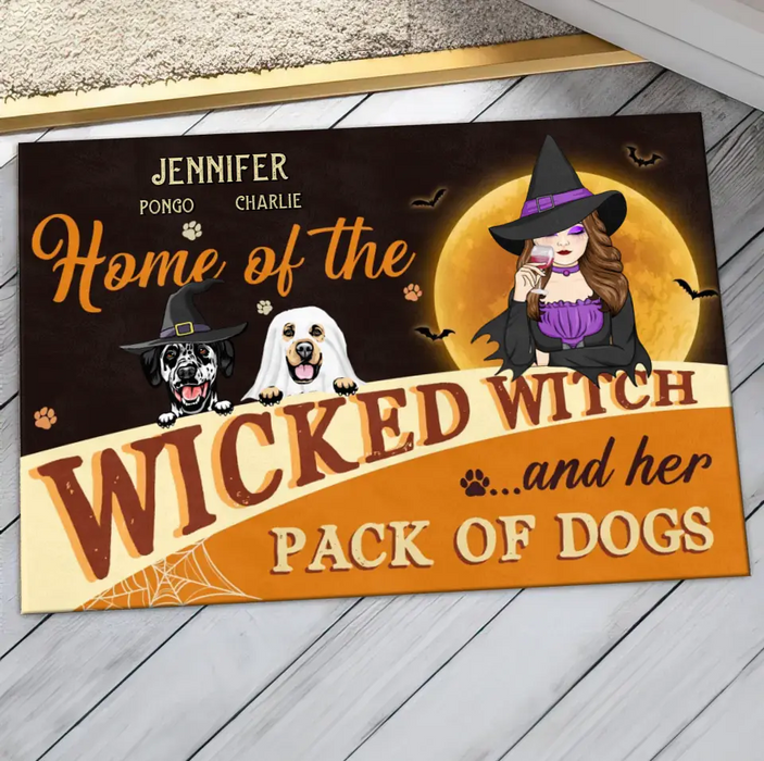 Custom Personalized Halloween Witch Dog Doormat - Gift Idea For Family/ Pet Lover - Upto 7 Dogs - Home Of The Wicked Witch And Her Pack Of Dogs