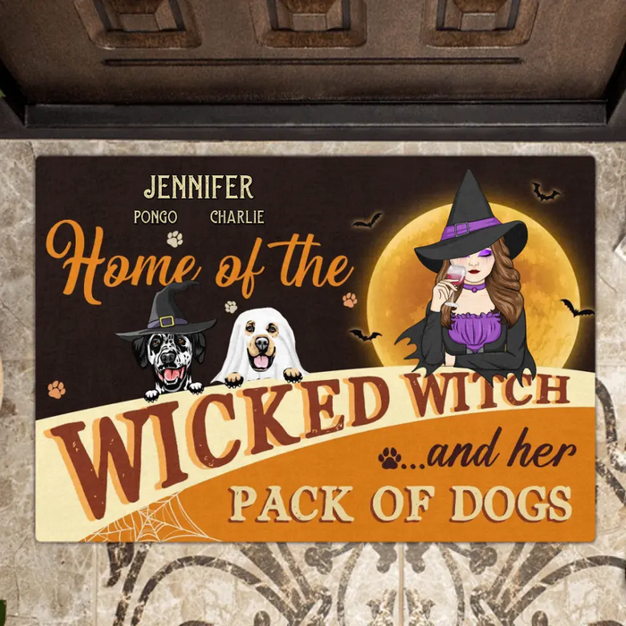 Custom Personalized Halloween Witch Dog Doormat - Gift Idea For Family/ Pet Lover - Upto 7 Dogs - Home Of The Wicked Witch And Her Pack Of Dogs